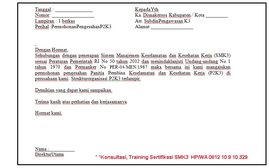 Contoh Surat Pengajuan Tim P2k3 Perusahaan Smk3